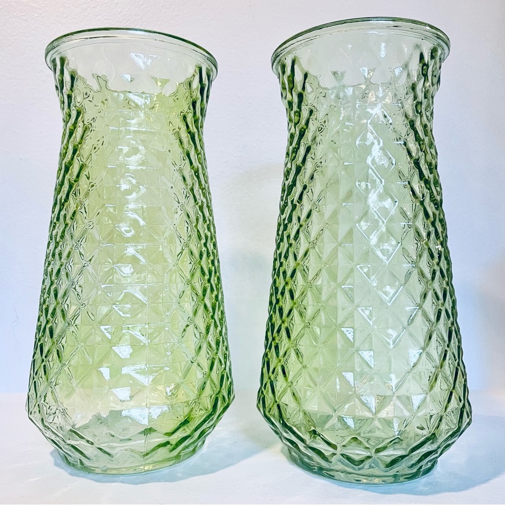 Paula DPS Diamond Pattern Glass Vases Green Vintage